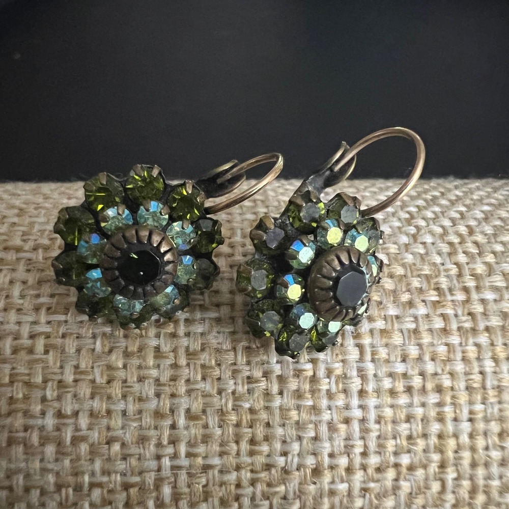 Liz Palacios Green Crystal Cluster Lever Back Earrings Whimsigoth